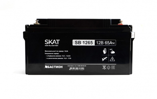 SKAT SB 1265 АКБ свинцово-кислотная тип AGM 12V 65Ач Iзар.19,5А, клеммы под болт М6 Фото