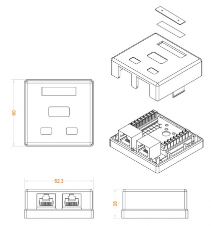 Hyperline SB1-2-8P8C-C5e-WH Розетка компьютерная RJ-45(8P8C), категория 5e, двойная, внешняя, Dual IDC Фото