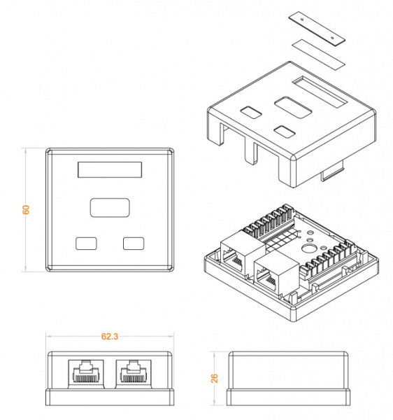 Hyperline SB1-2-8P8C-C5e-WH Розетка компьютерная RJ-45(8P8C), категория 5e, двойная, внешняя, Dual IDC Фото Hyperline SB1-2-8P8C-C5e-WH Розетка компьютерная RJ-45(8P8C), категория 5e, двойная, внешняя, Dual IDC Фото