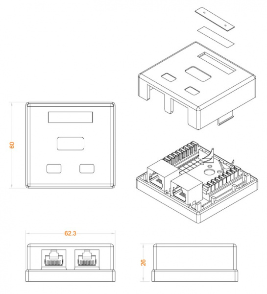 SB1-2-8P8C-C5e-SH-WH Розетка RJ-45 Hyperline  Фото SB1-2-8P8C-C5e-SH-WH Розетка RJ-45 Hyperline  Фото